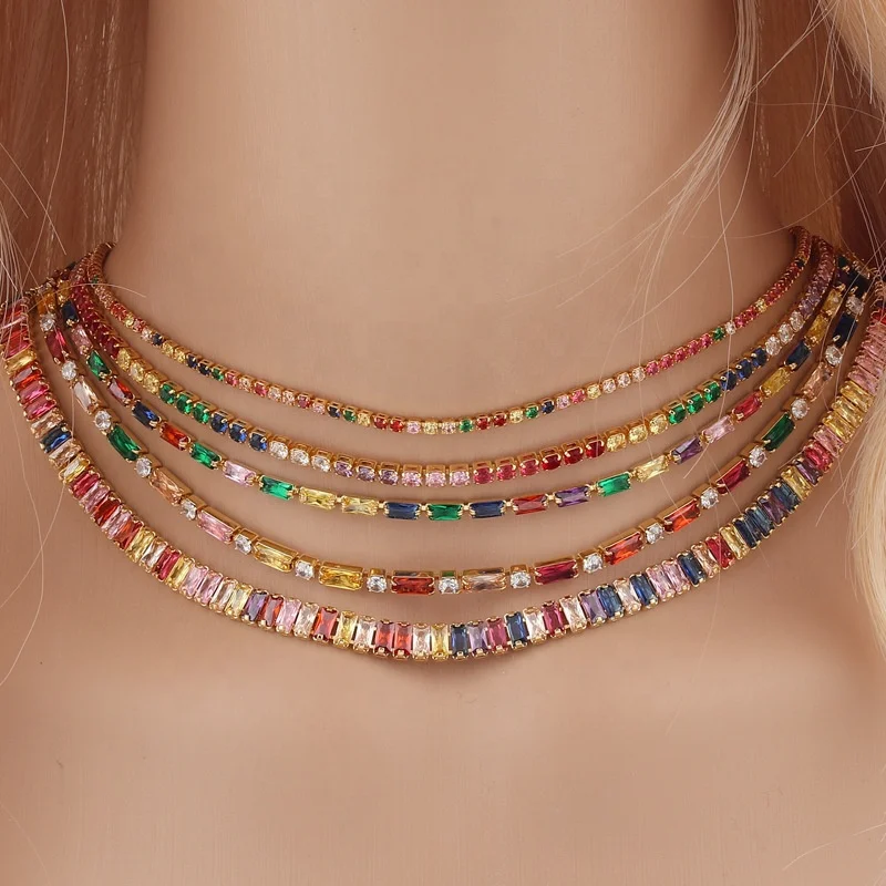 Color Stone Zirconia Chain Necklace Mix Style Stack Chokers Fashion ...