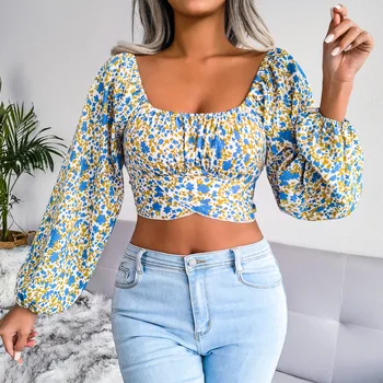 Women Elegant Top Shirts Resort Style Balloon Sleeve Fashion Sexy Back Bow Floral Chiffon Shirt Blouses