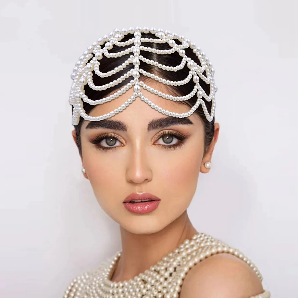 Multilayer Pearl Chain Veil Headbands Women Daily Face Mask Beaded
