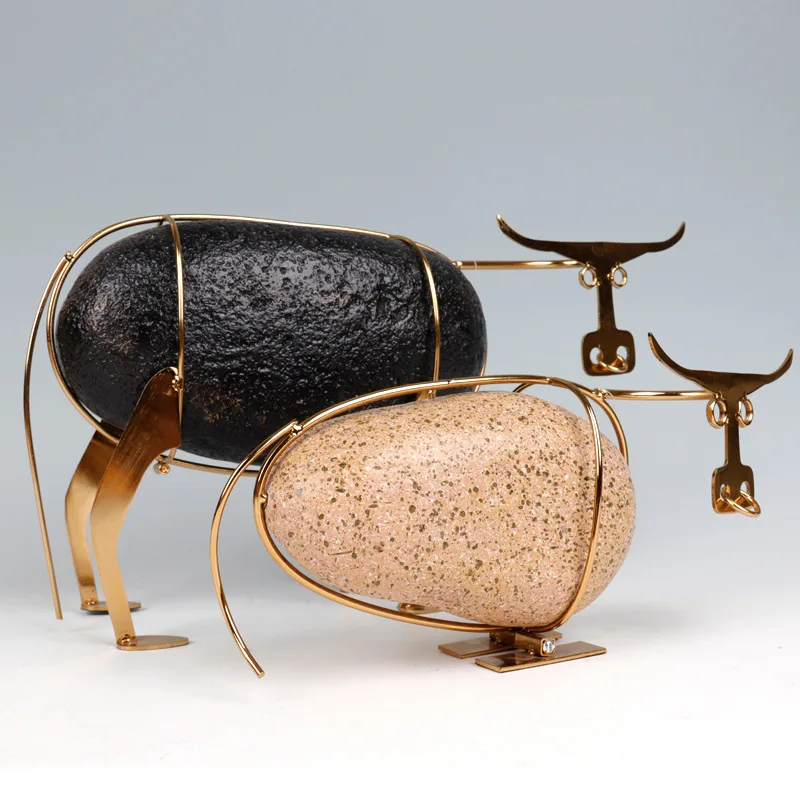 Abstract Metal Iron Bull Shape Stone Combination Creative Luxury Home Office Desktop Handicraft Ornaments