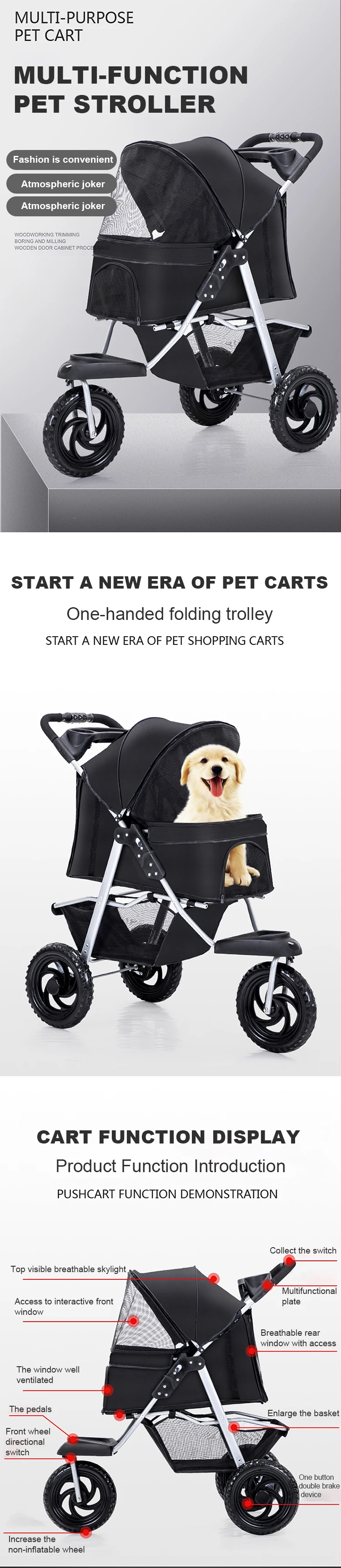 Removeable Pet Stroller Cat Dog Cage Stroller Travel Folding Carrier