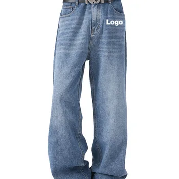 Hot Sale Wholesale Dark Blue Fashion Denim 100% Cotton Washed Straight Wide Leg Plus Size Men Baggy Jeans Pants