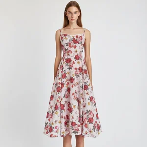 Pink Floral Print Spaghetti Strap Midi Dress, Elegant Summer Party Dress
