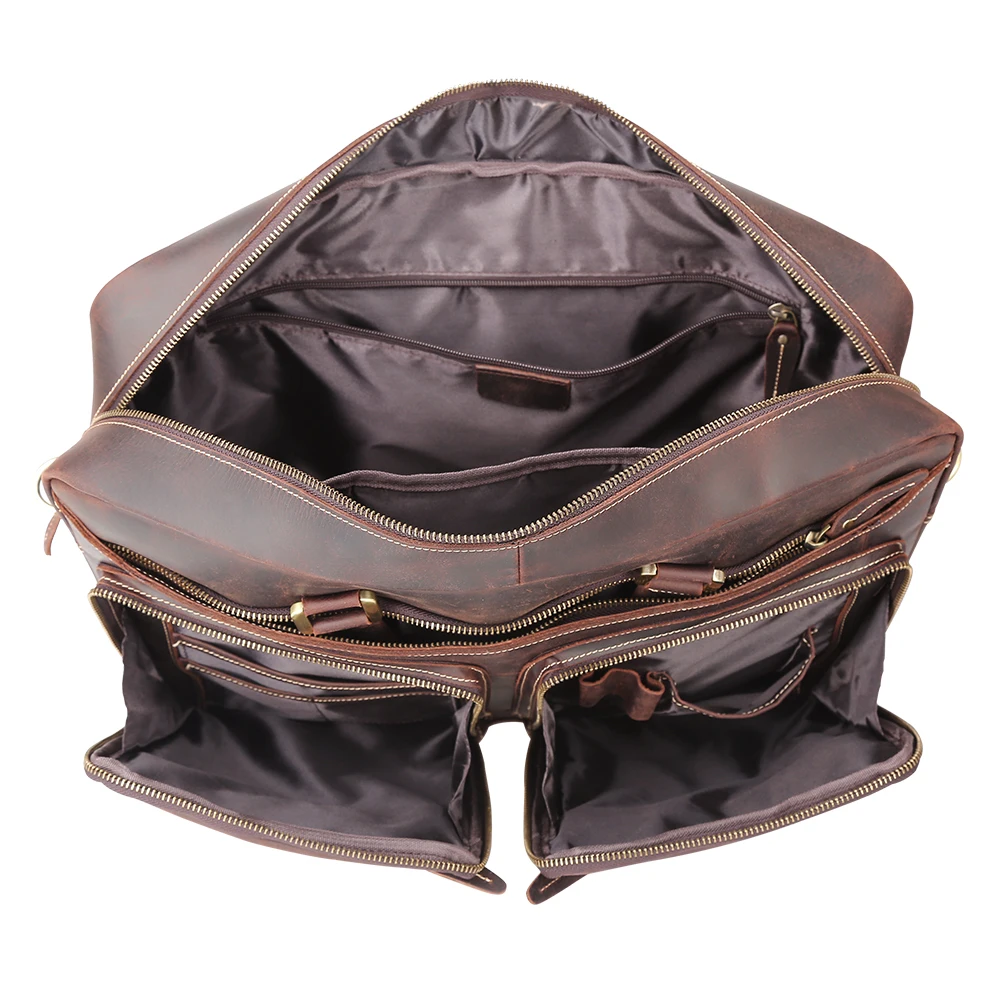 Mens Top Quality Full Grain 17 Inches Multifunction Vintage Portfolio Leather Messenger Laptop Shoulder Briefcase Bag