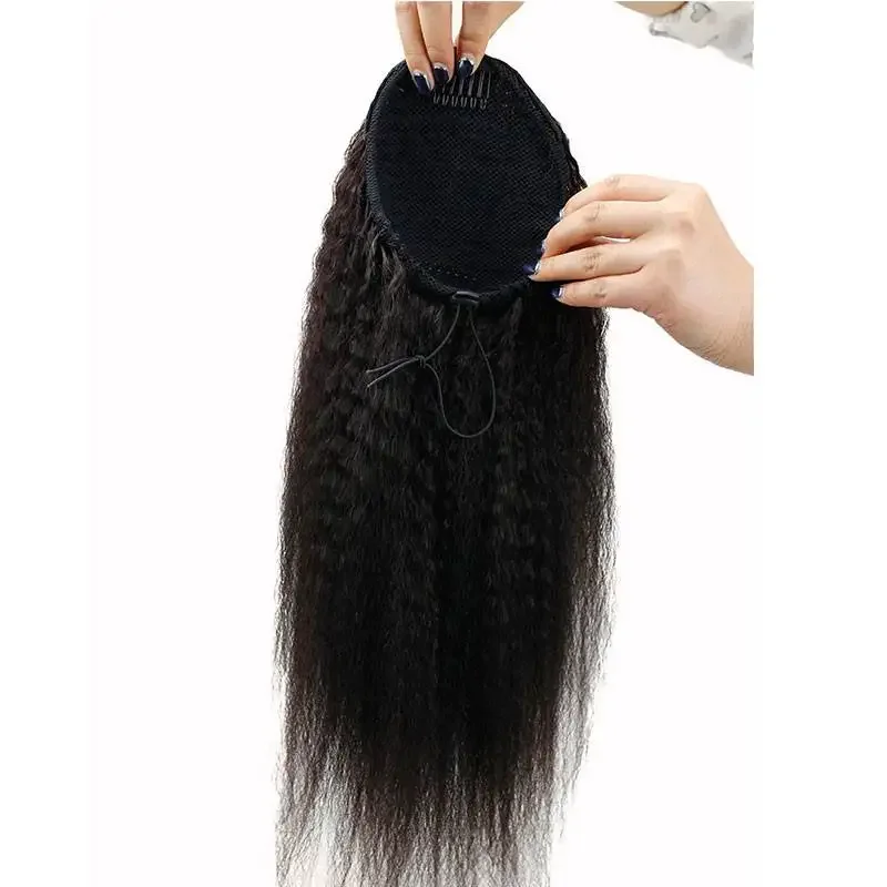 Kinky Straight Human Hair Paardenstaart Extension Yaki Drawstring Natural Black voor Vrouwen_voghion.com