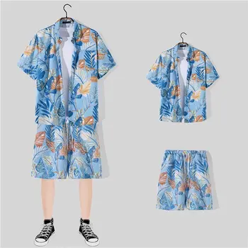 Hawaiian beach printed men's short sleeved shirt set casual loose fit oversized short sleeved shirt+shorts 2-piece set