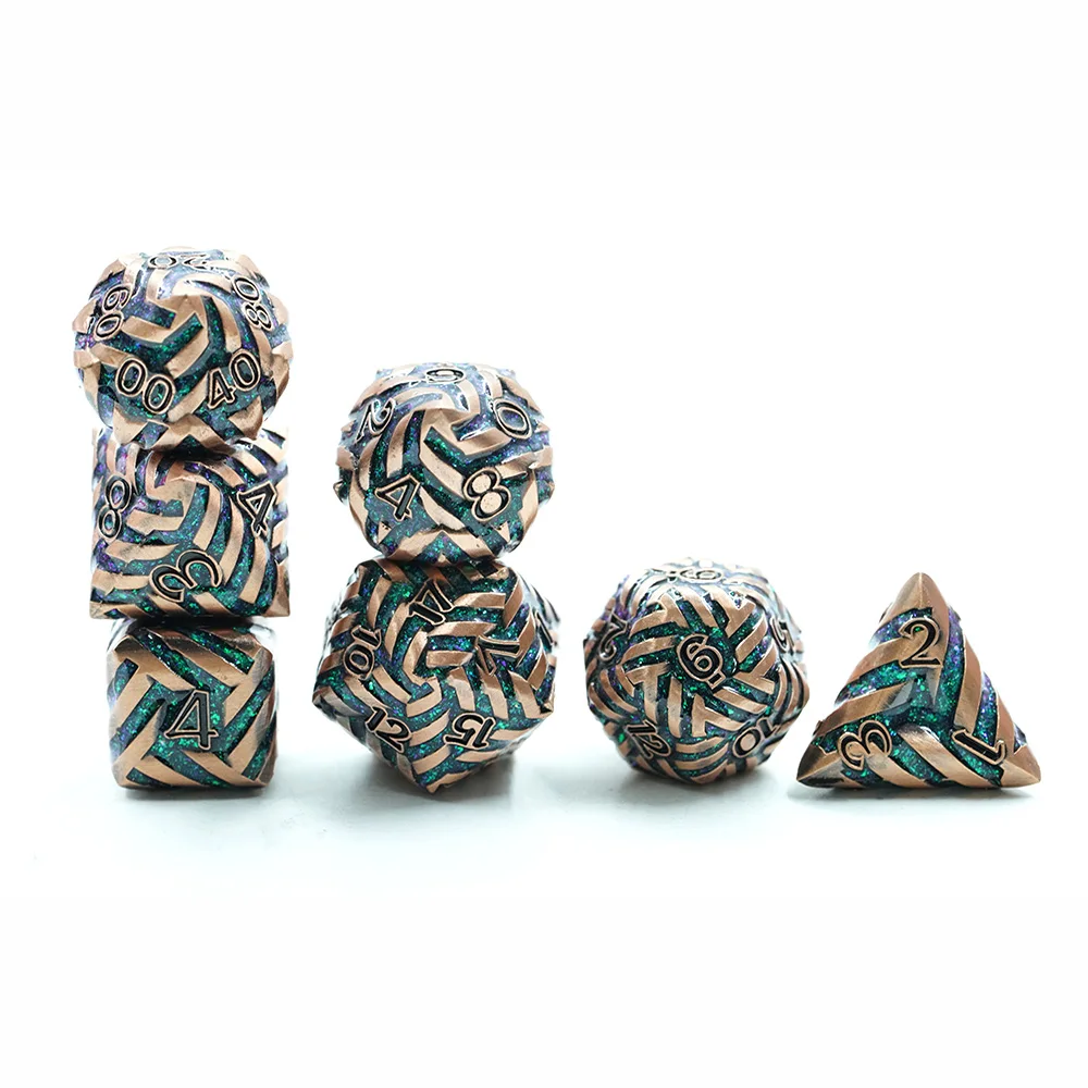 Copper-Colored Polyhedral Dice Set for DND Games Zinc Alloy Metal with Green Sparkling Mica Stripe and Black Number