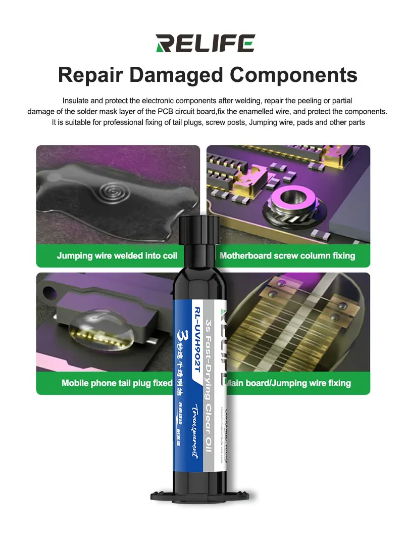 RELIFE RL-UVH902T 3S Fast Curing Transparent Solder Mask Oil UV Curable High Temp Resistant Oil for Phone Jump Wire Repair