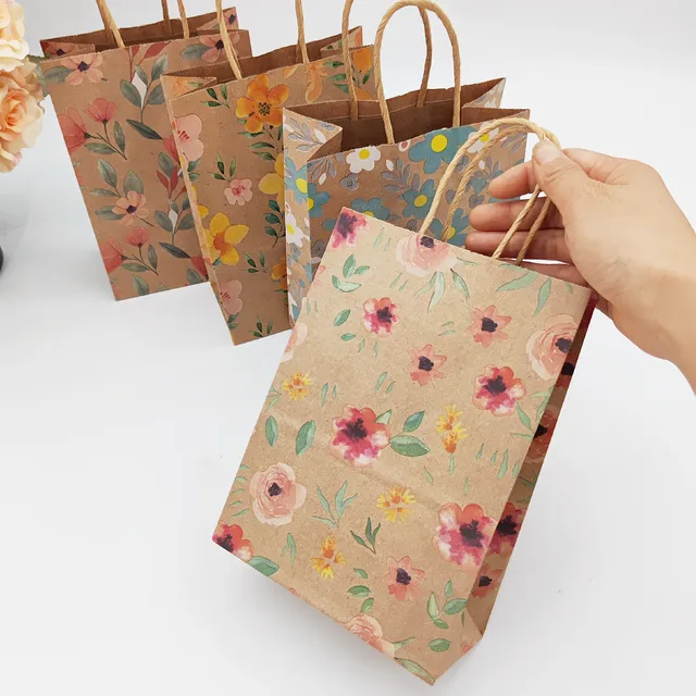Kraft Paper Flower Printing Pattern Paper Bag Color Printing Kraft Paper Gift Bag Boutique Packaging Paper Bag