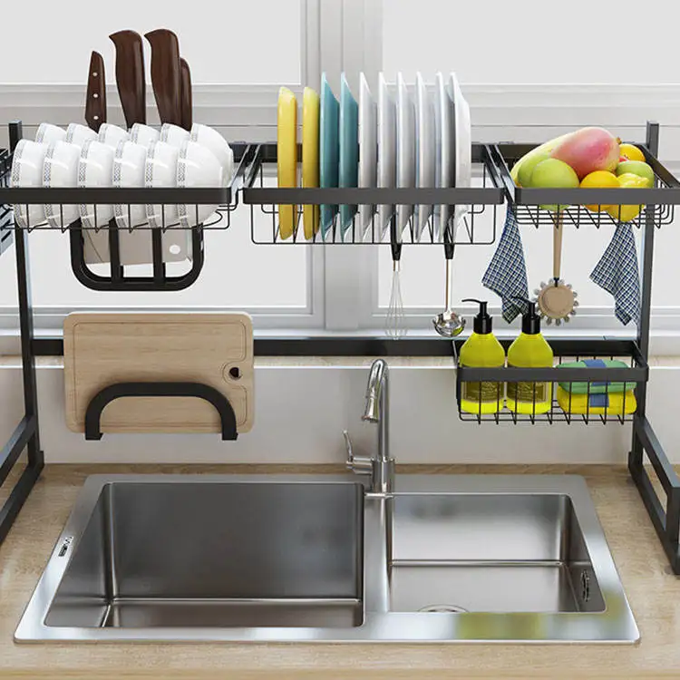 Black Drying Kitchen Racks Metal Sink Dish Drainer Rack Stainless Steel Over The Sink 85cm Storage Holders & Racks Multifunction supplier