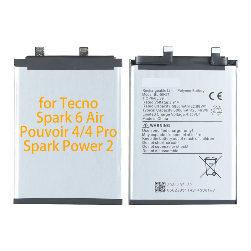 Cell Battery for Tecno Spark Air KE6 KE6j KF6 Pouvoir LC7 LC7S Pro  Power LC8 6000mAh BL-58GT Digital Batteries 5000mAh