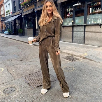 2022 Spring Autumn Loose Women Two Piece Set Casual Long Sleeve Button Tops + Long Pants Outfit Elegant Office Lady Shirt Suits