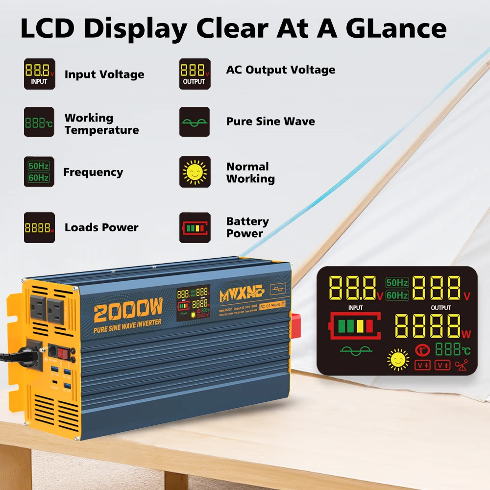 Us Warehouse DC Power Converter Fast Charging Type-C 1000w 2000w 3000w Pure Sine Wave Inverter With 7 Devices Use at Once