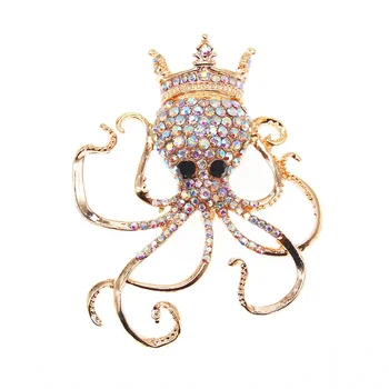 70MM Women's Crystal Octopus Shape Brooches Light Gold Sea Life Animal Brooch Pin