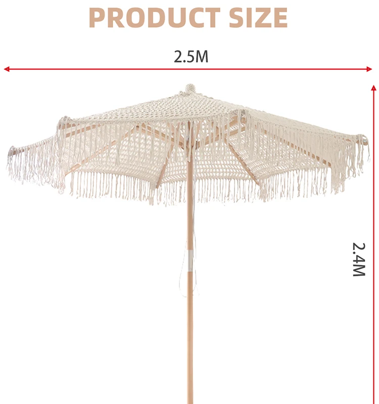 Luxury Crochet Patio Wooden Umbrella Handmade Cotton Tassels 2.5m