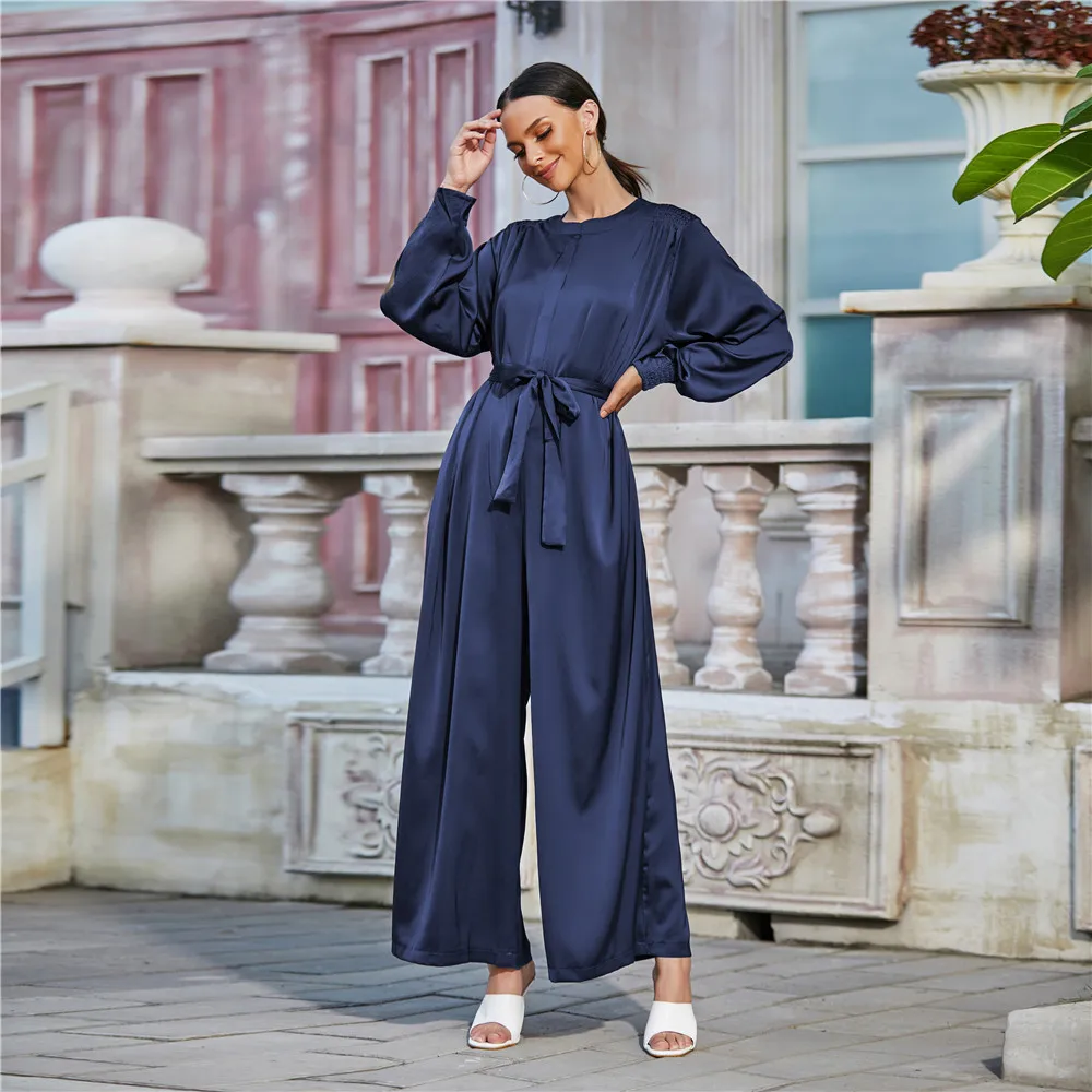 Women Elegant Satin Jumpsuit Turkish Arabic Dubai Islamic Fashion Wide ...