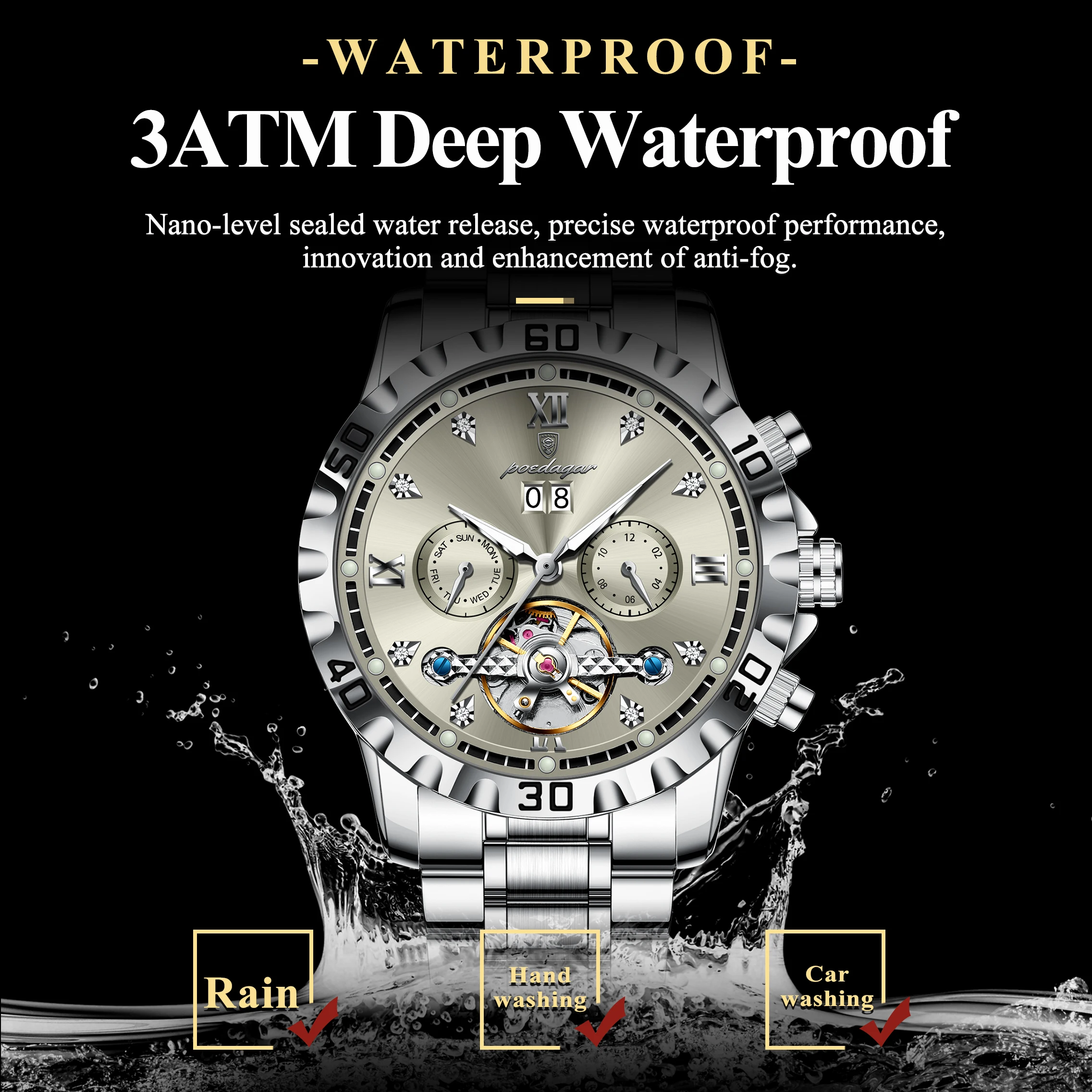 Poedagar Luxury Skeleton Tourbillon Men's Watch