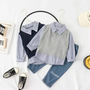 2020 Spring Fashion Boutique Boy Striped Shirt Stitching Sweater Long Sleeve Shirt Leisure Denim Pants Suit