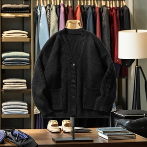 Autumn Winter Men's Casual Cardigan Sweater Japanese Retro Style Solid Color V-Neck Jacket Thickened Lazy Thick Needle Front
