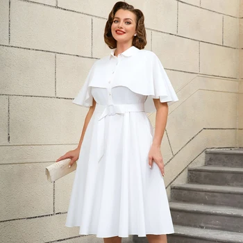 AM050316 Lapel Collar Cape Sleeve Plus Size Vintage White Midi Dress with Belt Women Casual