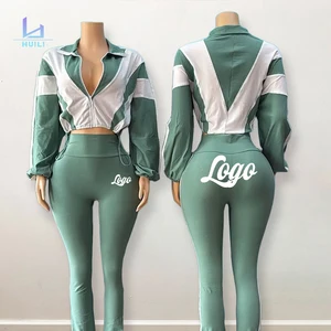 Huili Manufacturer Oem Color Block Nylon Two Piece Drawstring Crop Top Tracksuit Activewear Workout Sets for Women Custom logo