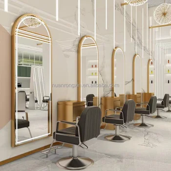 LED Light Semi Circular Wall Mounted Gold Mirror Station Styling Hair Equipment For Salon beauty Hairdressing Mirror