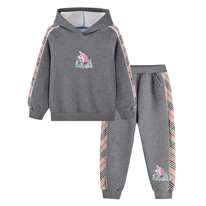 Wholesale Composite Velvet Winter Pullover Hoodies Two Piece Children's Clothing Set for Girls