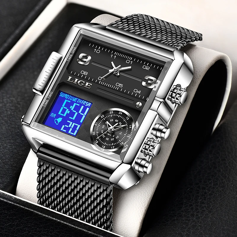 LIGE LG8925 Wholesale Price Watch for Men Waterproof Black Steel Mesh Wristwatch Quartz Analog Digital Watch Custom Logo OEM