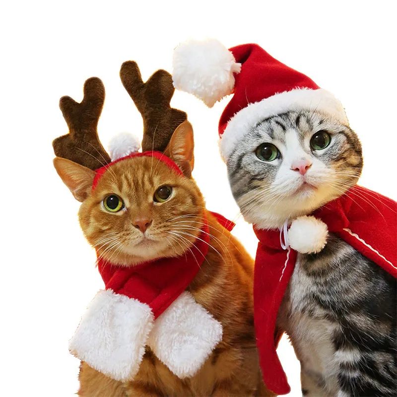 4 Pieces Christmas Cat Costumes Set Cat Santa Hats with Scarf and Collar Xmas Cat Outfit for Cats Small Dogs Puppy Tiny Pets Christmas Muffler Head Wear Accessories 