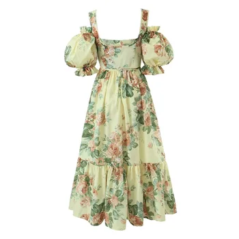 Niche design flower print floral dress skirt 2024 new vintage style puff sleeve long dress
