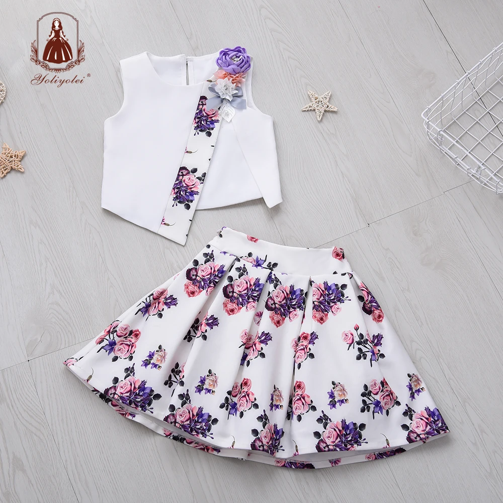 New Arrival Summer Fashion Sleeveless Pattern Blouse and Skirt Children Cloth Top& Skirt Girl Clothing Set With Solid Flower
