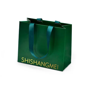 custom foil logo green shopping bag paper boutique grosgrain ribbon gift luxury jewelry paper bag