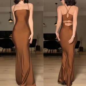 Viviblook Z602DS08 Women's Maxi Dress New Model Backless Straps Chest Wrapped Suspender Sexy Solid Pattern Natural Digital