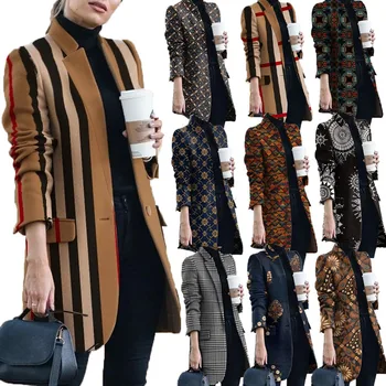 Fall/Winter New Style European And American Fashion Printed Stand Collar Woolen Coat Women
