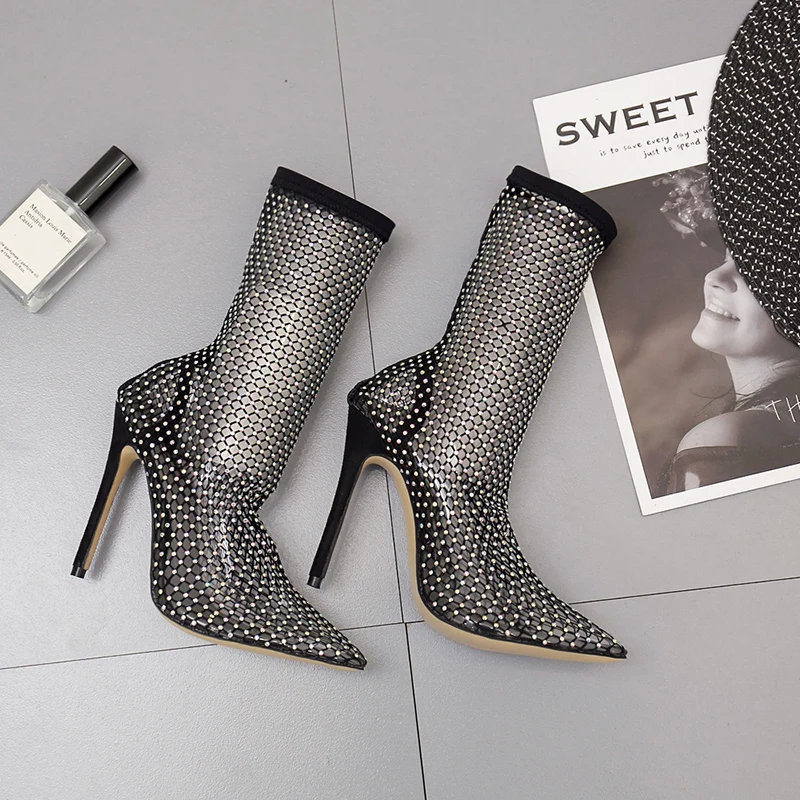 Sexy Black Stiletto Point Toe Hollow Mesh Fishnet Socks Boots