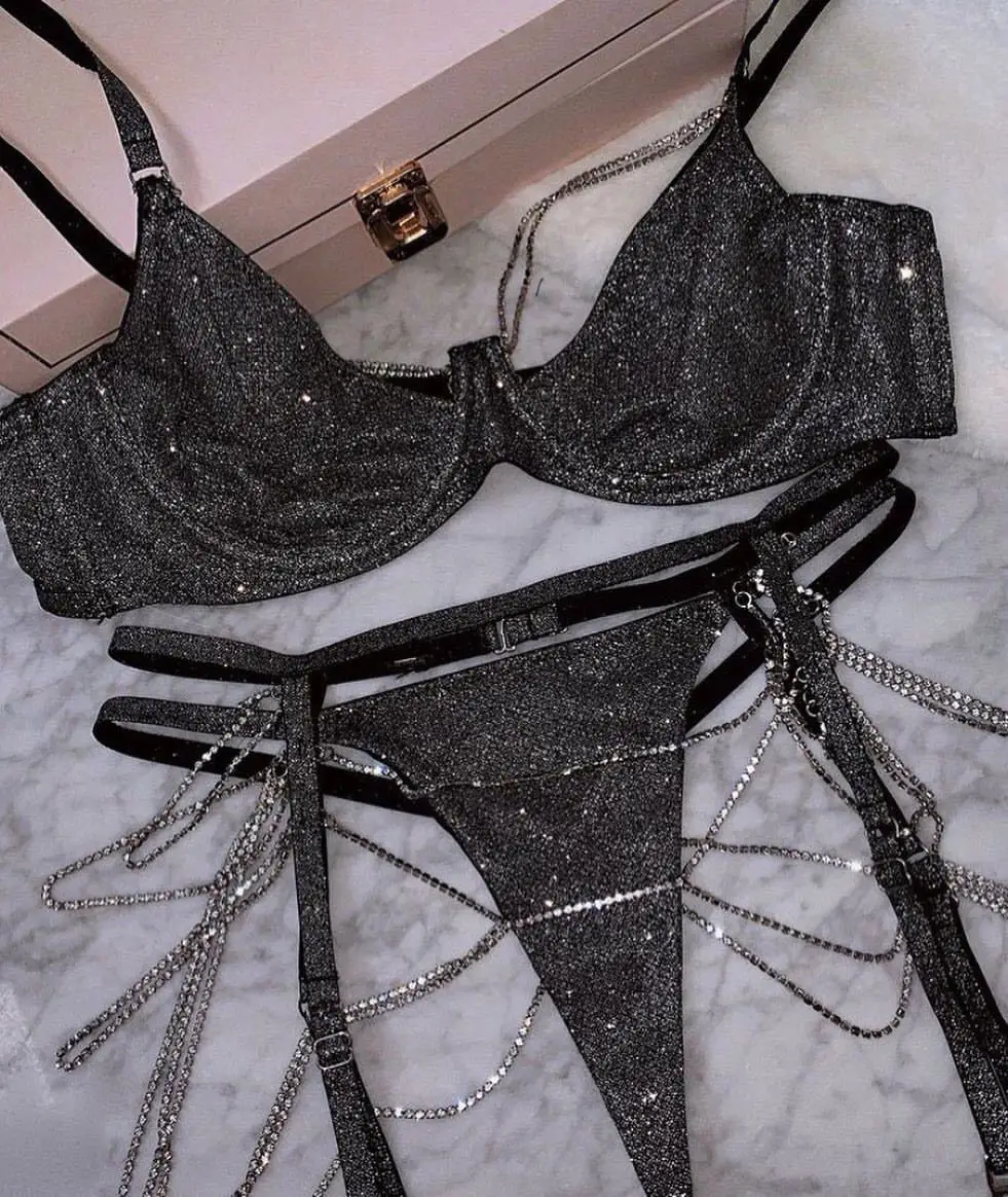 Luxury Satin Crystal Lingerie Set Diamond Chain Women Sexy Underwear Bling  Party Accessories Cross Tassel Bra Bodychain