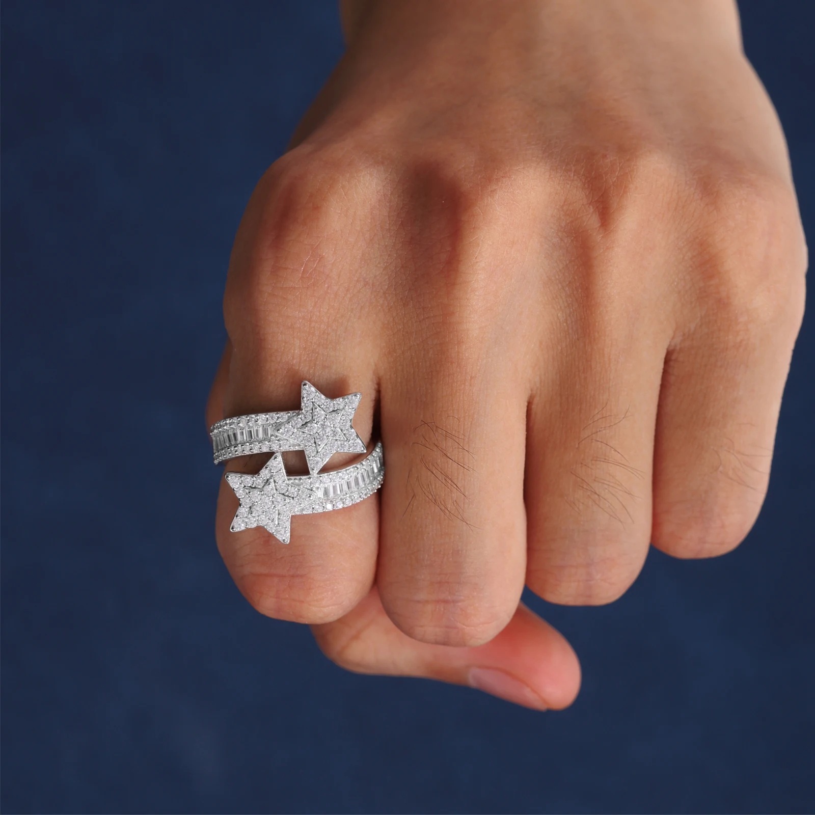 Bague étoile double épaisseur en argent massif et moissanite_voghion.com