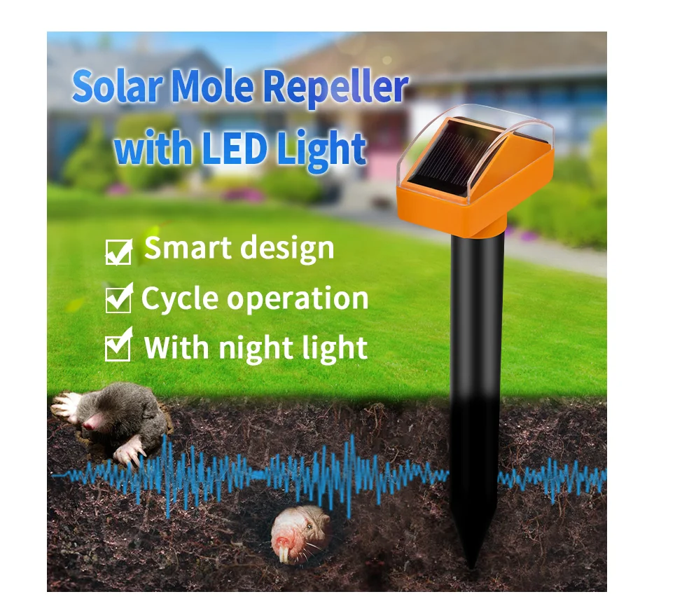 Mole Repellent Motor Vibrate Motion Sensor Led Light Alarm for Gargen Lawn Solar Animal Repeller