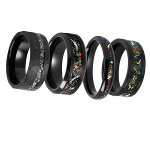 Customizable Men's Wedding Band Tizti Geometric Galaxy Opal Black Hammered Tungsten Carbide Ring