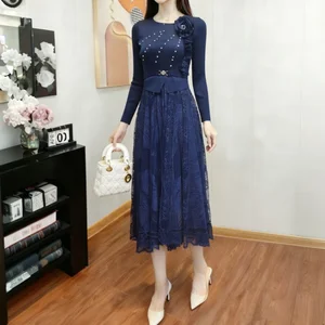 Factory Direct Spot Summer Casual A-Line Maxi Pleated Design Beading Lace Floral Vintage Patchwork Free Size Miyake Dress