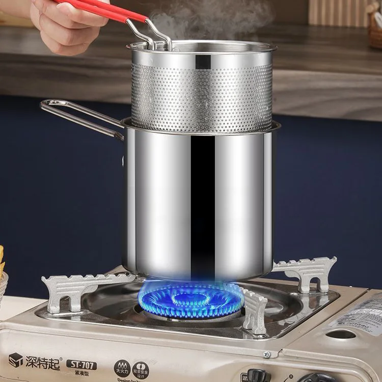 Baming Deep Fryer Pot 304 Stainless Steel Frying Pan with Strainer Basket and Handle for Frying Fish Shrimp Chicken and Fries