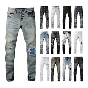 Wholesale High Quality Designer Ripped Vintage Slim Fit Denim Straight Brand High Street Moustache Effect Cotton Men's Jeans