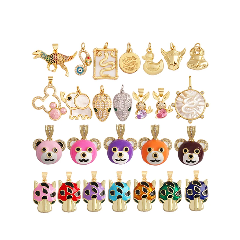 Elephant Dinosaur Leopard Rabbit Snake Bear Duck Charm Pendant,18K Gold Animal Necklace Bracelet for Handmade Jewelry Supply P19