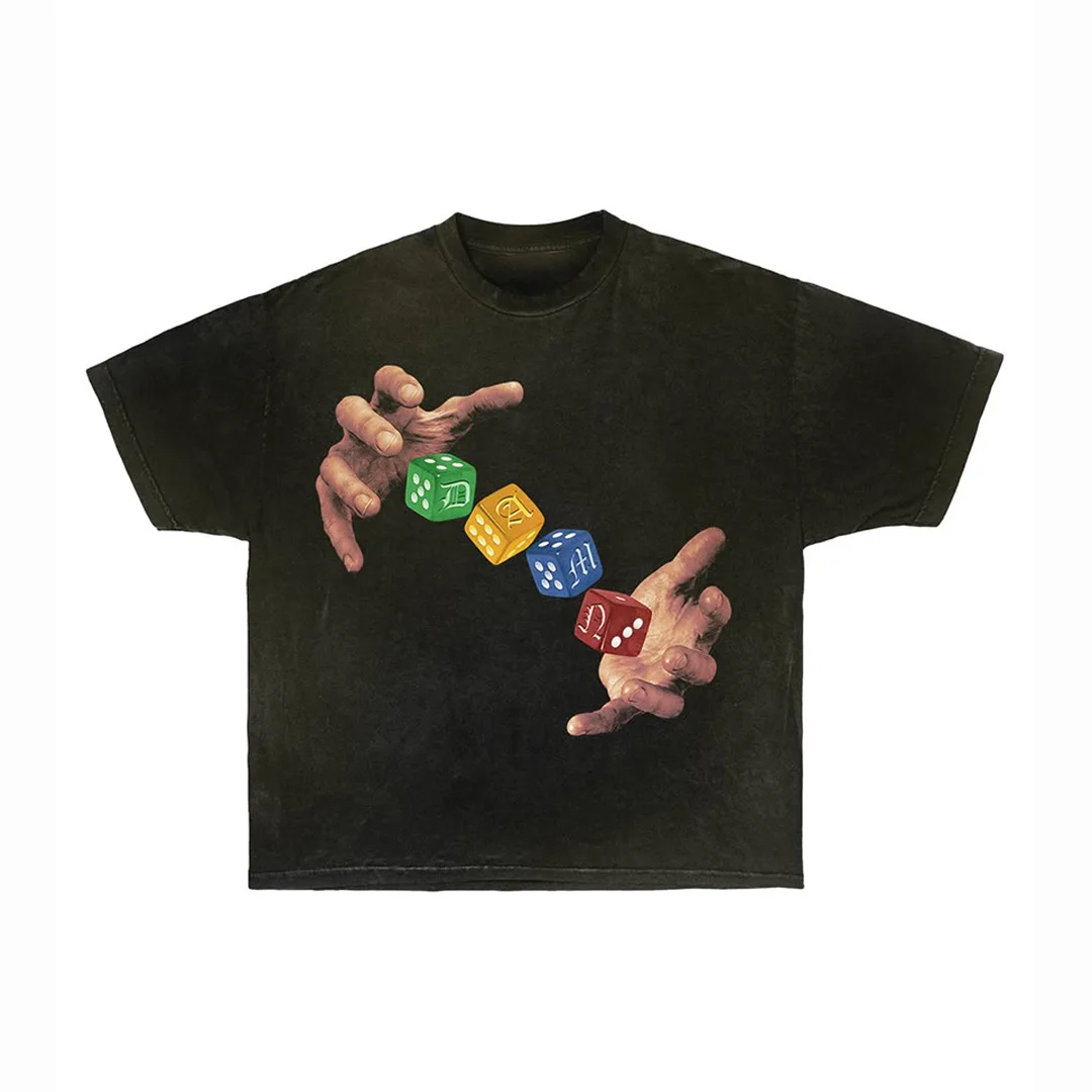Beperkte mans DTG-direkte-druk-T-shirt, versleten oue-look-gewas, 3D-reliefdruk, swaar klinknagelontwerp, pasop ontwerp beskikbaar