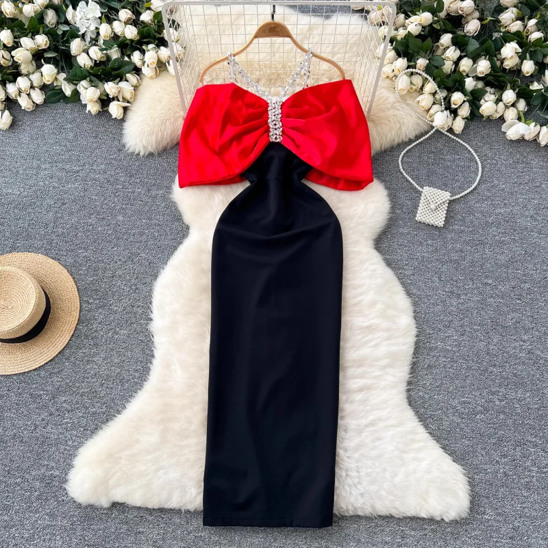 chinese dress ladies Multicolor Color Block Striped Bow Knot Straps Maxi Dress – Dainty Dot Wear main image 0