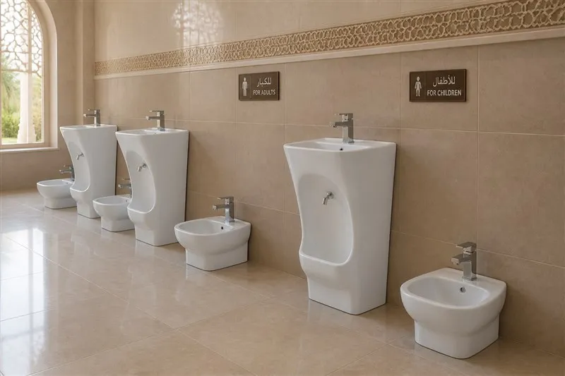 Tall pedestal wudu basin for adults beside a low basin for children in a mosque washroom