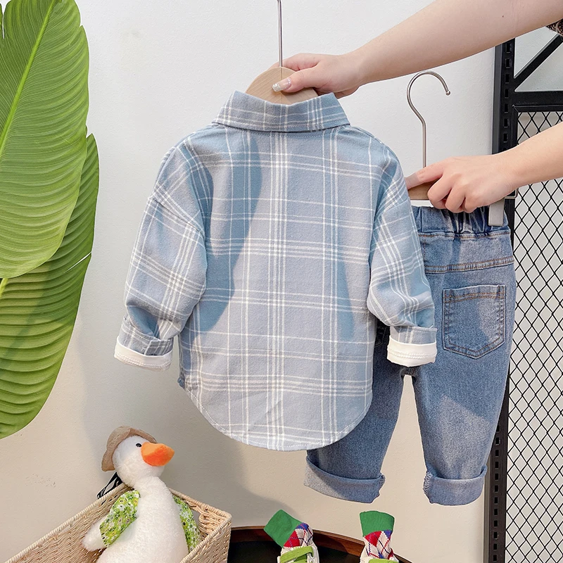 2022 New Year Grid Strip Patchwork Long Sleeve Button Down Shirt and  Casual Sports Jeans Pants Fashion Casual Kid Boy Clothes