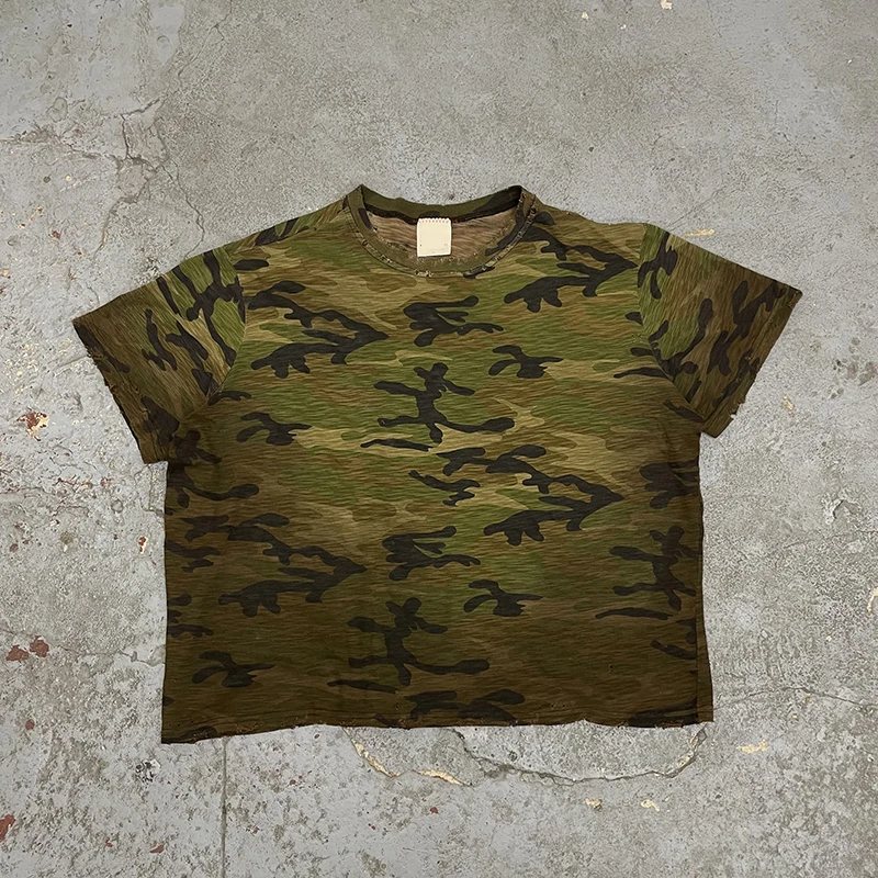 Custom High Quality Camouflage T-shirts Vintage Distressed Acid Wash Boxy Oversized Cropped Fit Tee