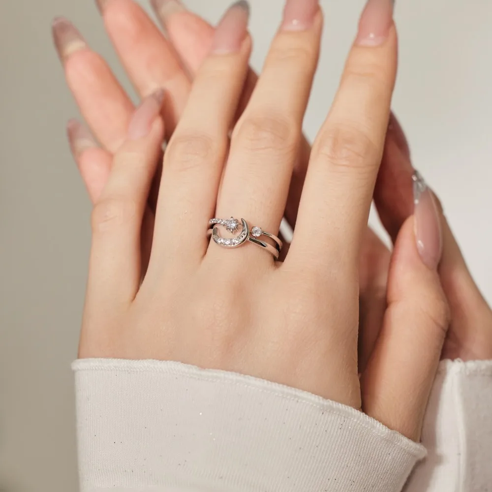 KAKODIY Good Christmas Christmas Gift Gift Jewelry 925 Sterling Silver Double Layer Moon Crescent Star 5A Zirconia Jewelry Ring detail 5