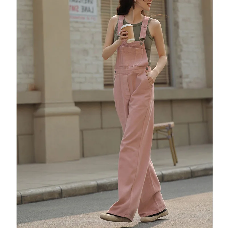 Pink Shoulder Strap Side Buttons Casual Fashion Women Jumpsuit Overall